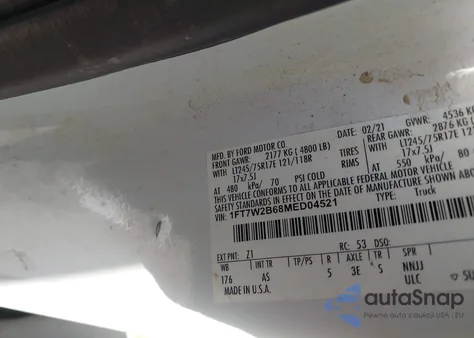 2021 Ford F-250 Xl z USA, uszkodzony, nr VIN 1FT7W2B68MED04521